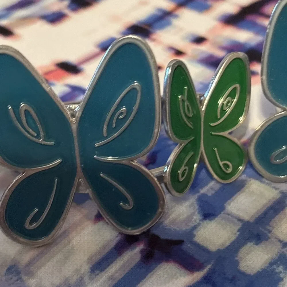 Set Of 4 Enamel Blue/Green Butterfly‎ Napkin Rings Holder Silver Metal
